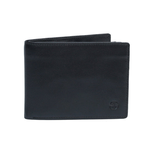 Black Tony Perotti Cortina 5036 leather bifold wallet, closed — front with the embossed compass rose in the lower corner