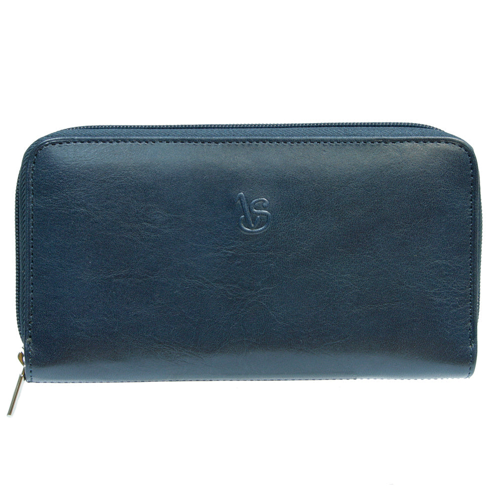 Tony Perotti Viasorte 2250 navy blue leather zip-around wallet — front with the embossed VS monogram