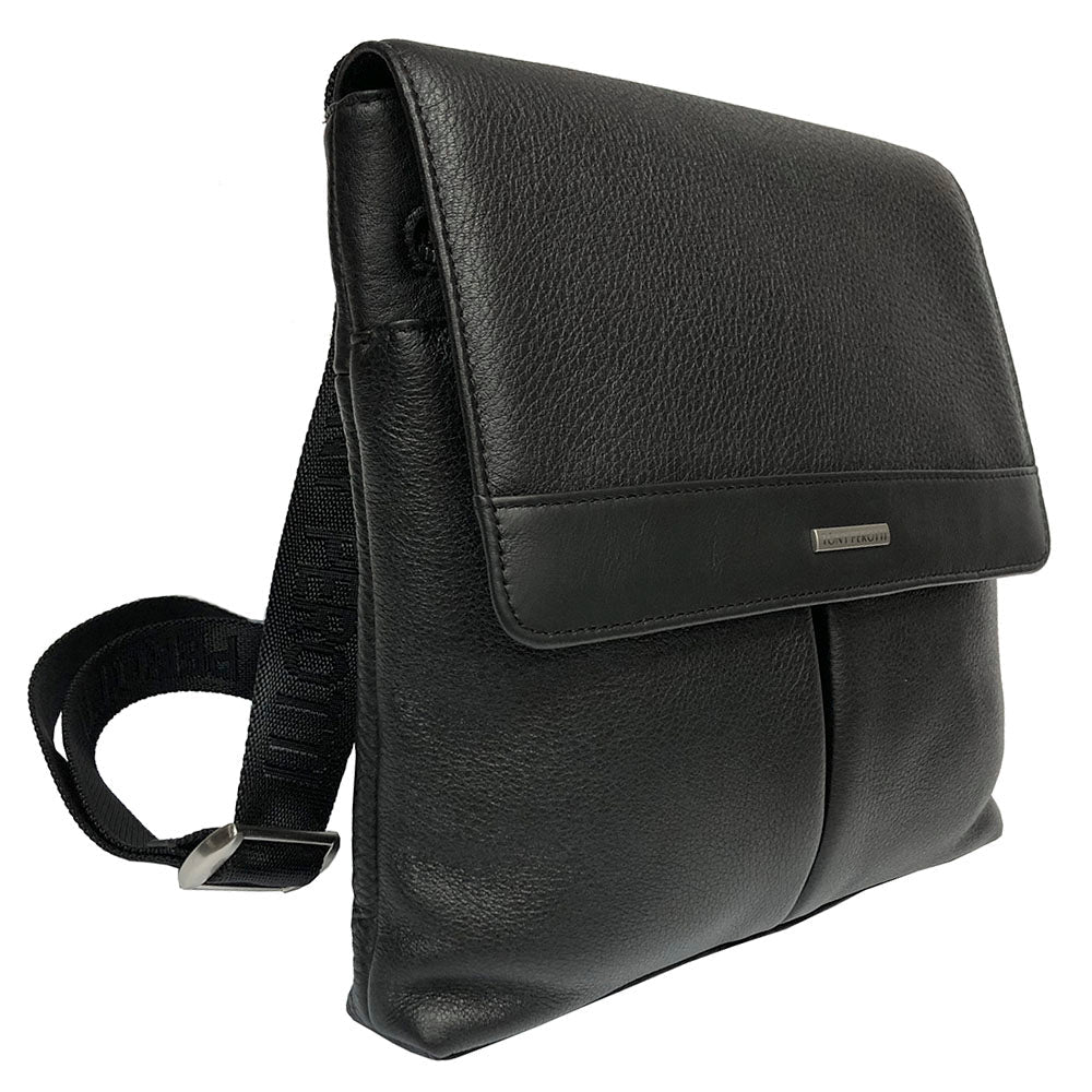 Tony Perotti New Contatto 9270 nero black leather messenger bag, front view with the Tony Perotti plate on the flap