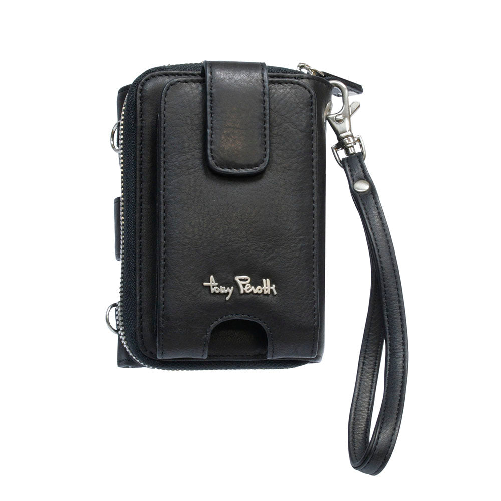 Tony Perotti Contatto 3058 black leather crossbody wallet seen straight on — snap tab, IQOS pocket with its thumb cut-out and the leather wrist strap