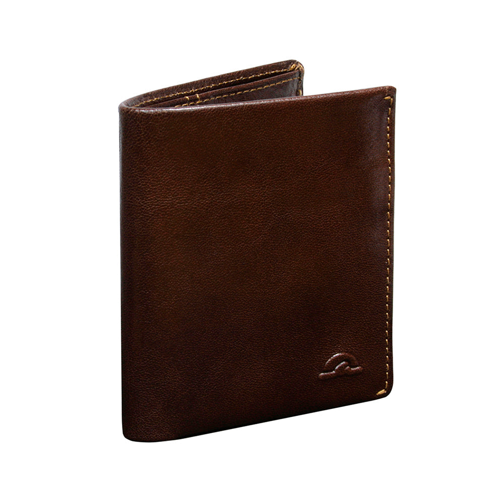 Three-quarter view of the Tony Perotti Nevada 3549 moro dark brown leather wallet with embossed emblem