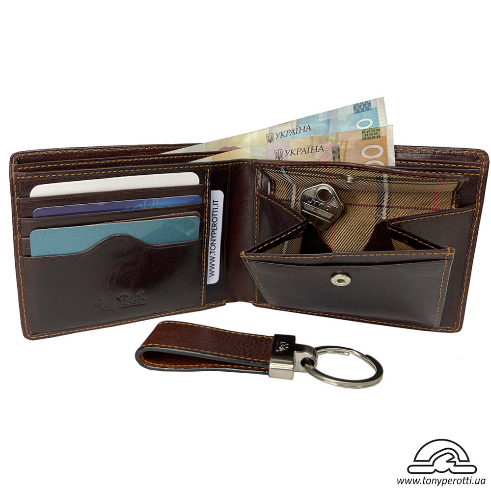 Tony Perotti Italico 534+KR133 moro set — the wallet open with cards in the slots, banknotes in the compartment and the snap coin pocket open, the leather key ring beside it
