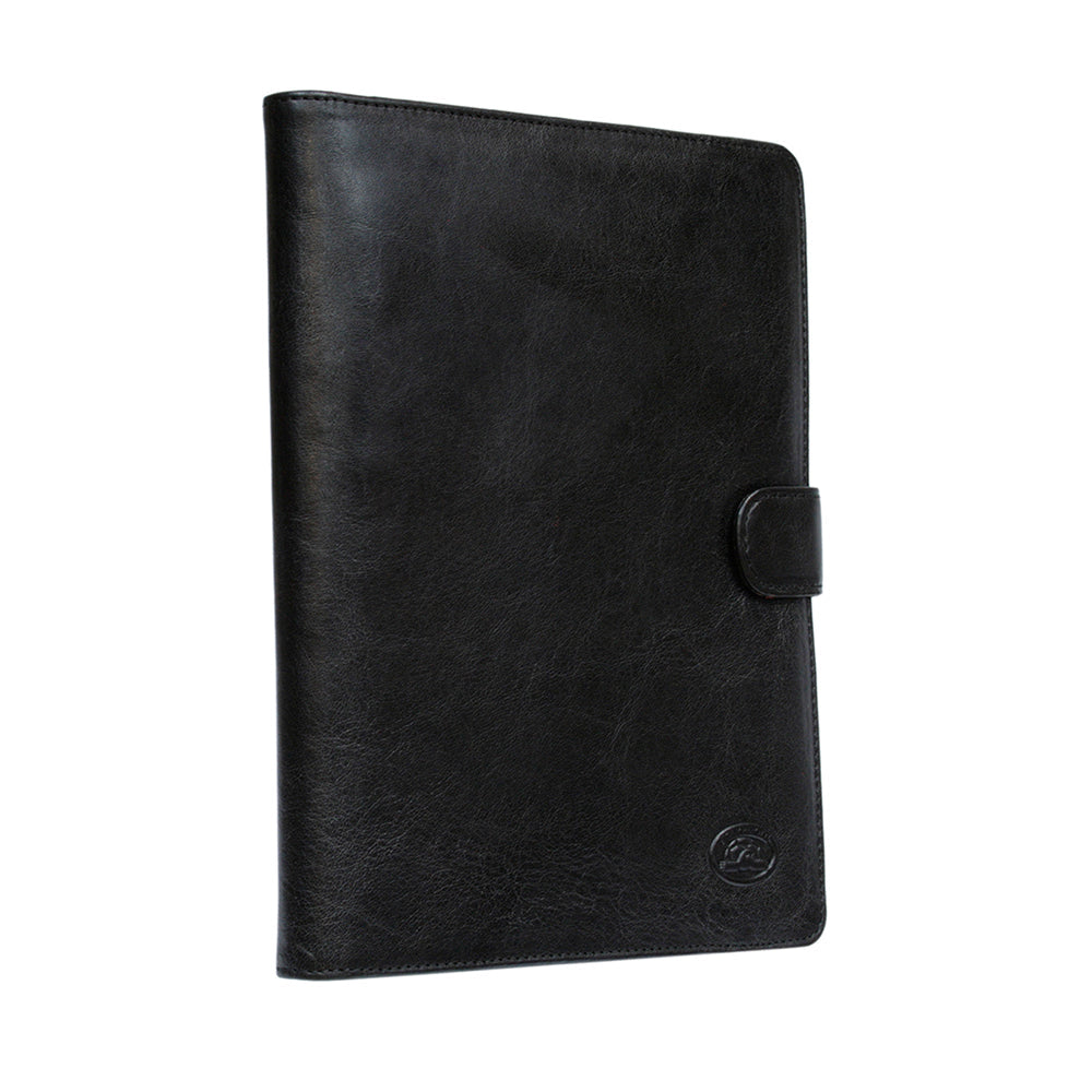 Black Italico 2590 standing at an angle — leather tab closure and the embossed turtle emblem in the corner