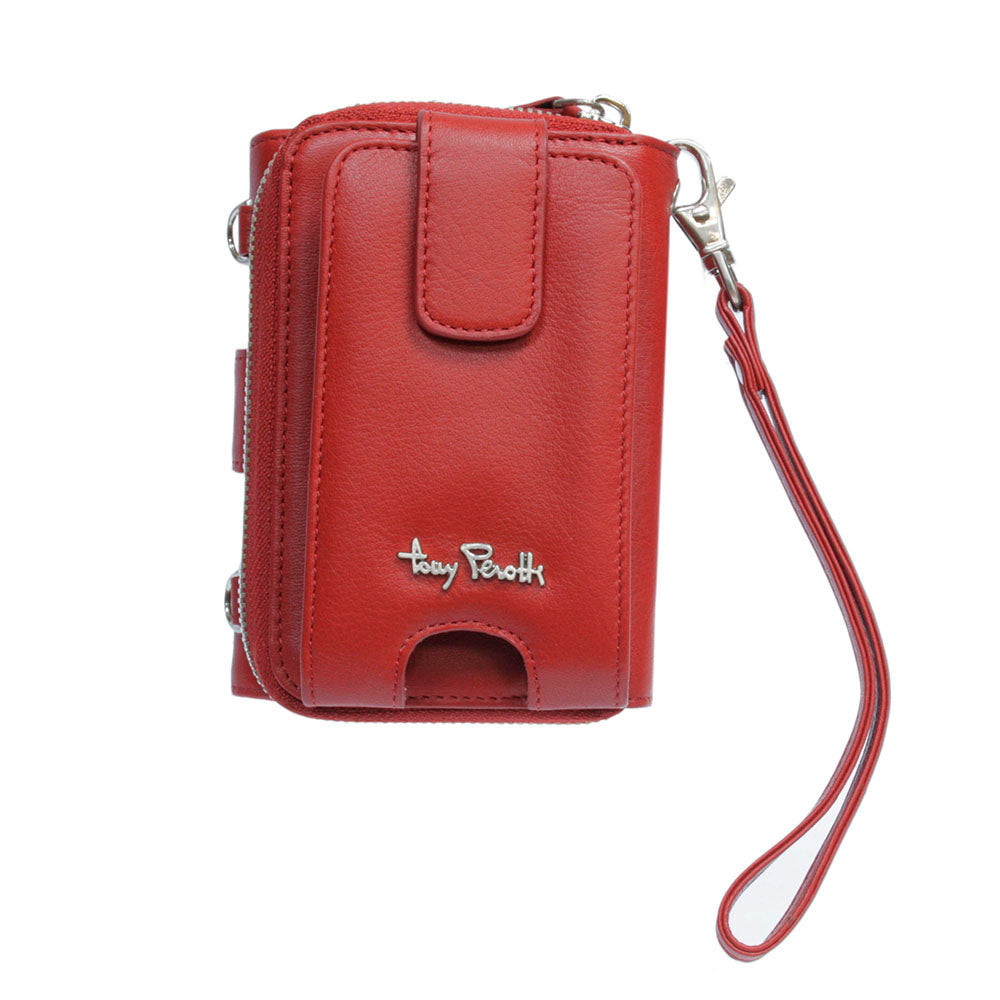 Tony Perotti Contatto 3058 rosso red leather wallet, front view with the IQOS pocket, thumb cut-out and the detachable wrist strap