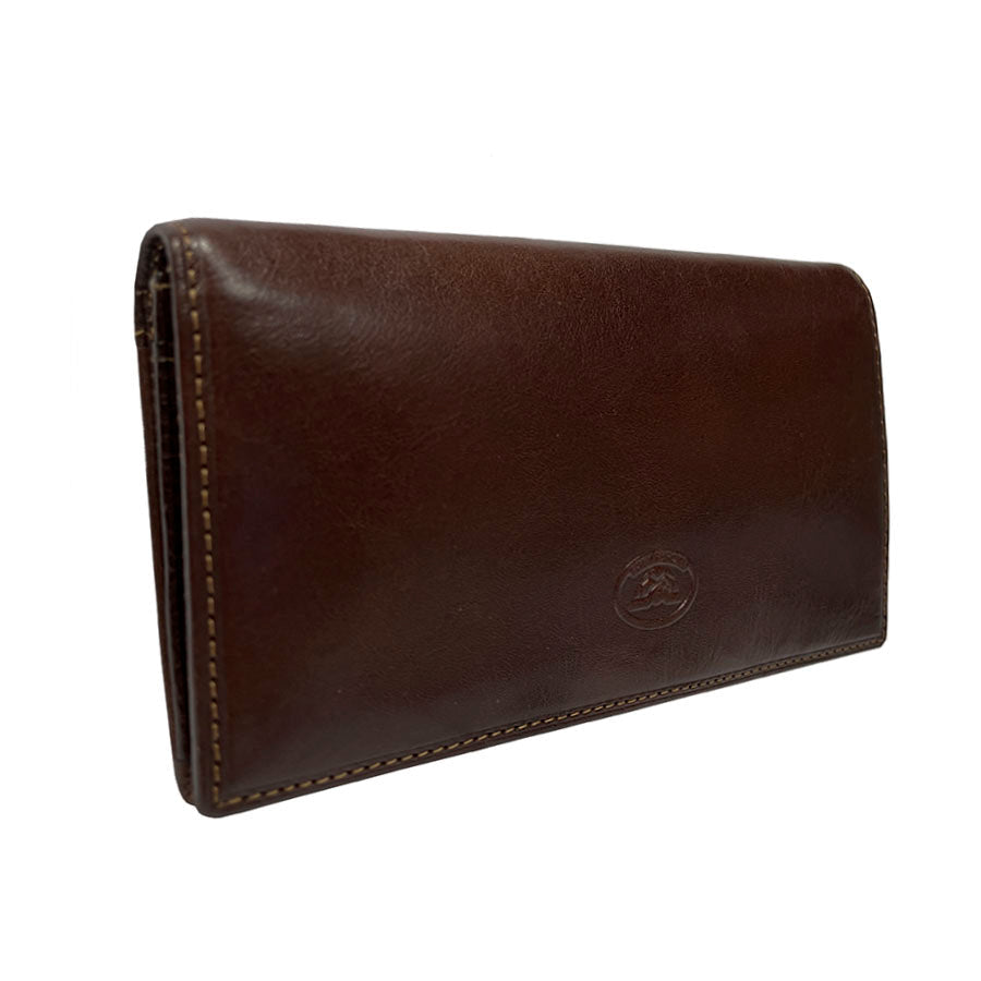 Tony Perotti Italico 2770+RFID moro dark brown leather flap wallet at an angle, closed — glossy leather with contrasting light stitching