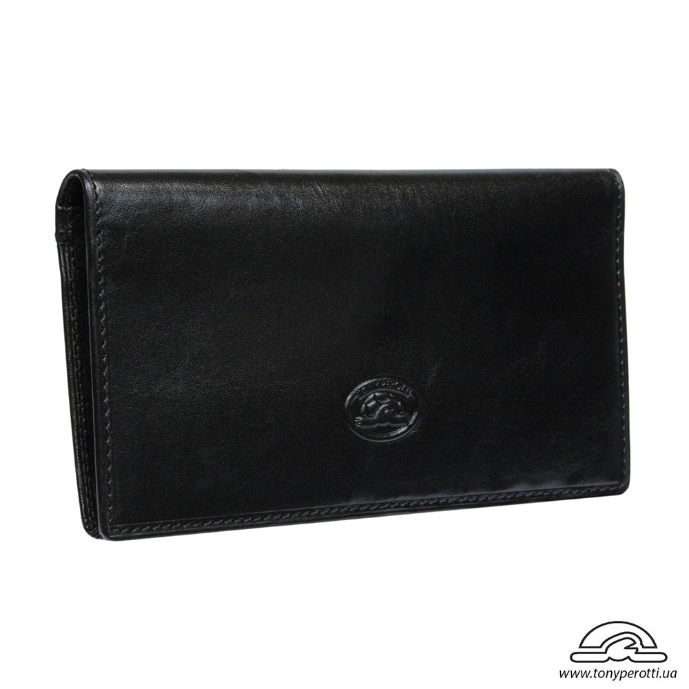 Black Tony Perotti Italico 1696 nero coat wallet at an angle, closed — the embossed turtle emblem on the front