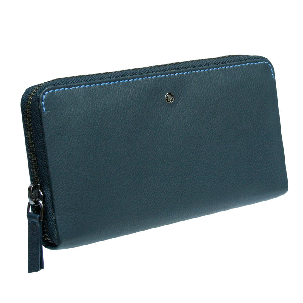 Tony Perotti Timone 11059 navy leather zip-around wallet, three-quarter front view