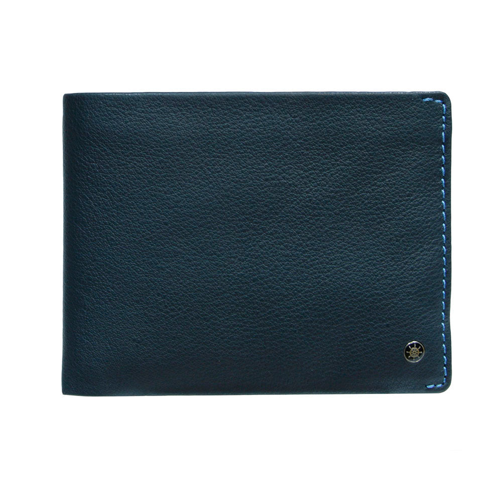 Tony Perotti Timone 11013G navy leather bifold wallet, front with ship's wheel plate
