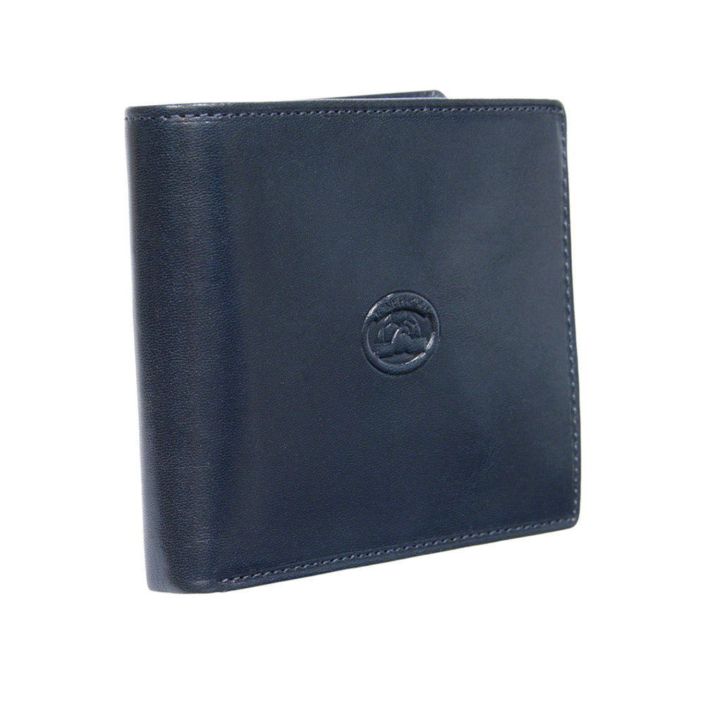 Tony Perotti Italico 3620 navy blue leather bifold wallet, three-quarter view with the embossed turtle emblem