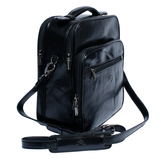 Angled view of the Tony Perotti Italico 7058 black bag with the leather shoulder strap and padded shoulder rest