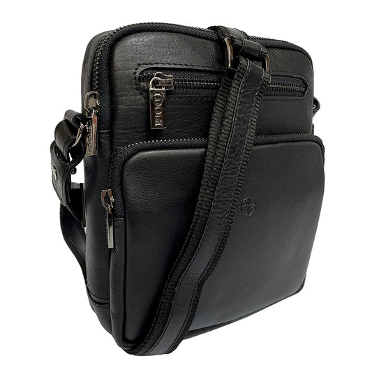 Cortina 6048 nero at an angle: front zip pocket, horizontal zip pocket above it and the leather-and-webbing strap