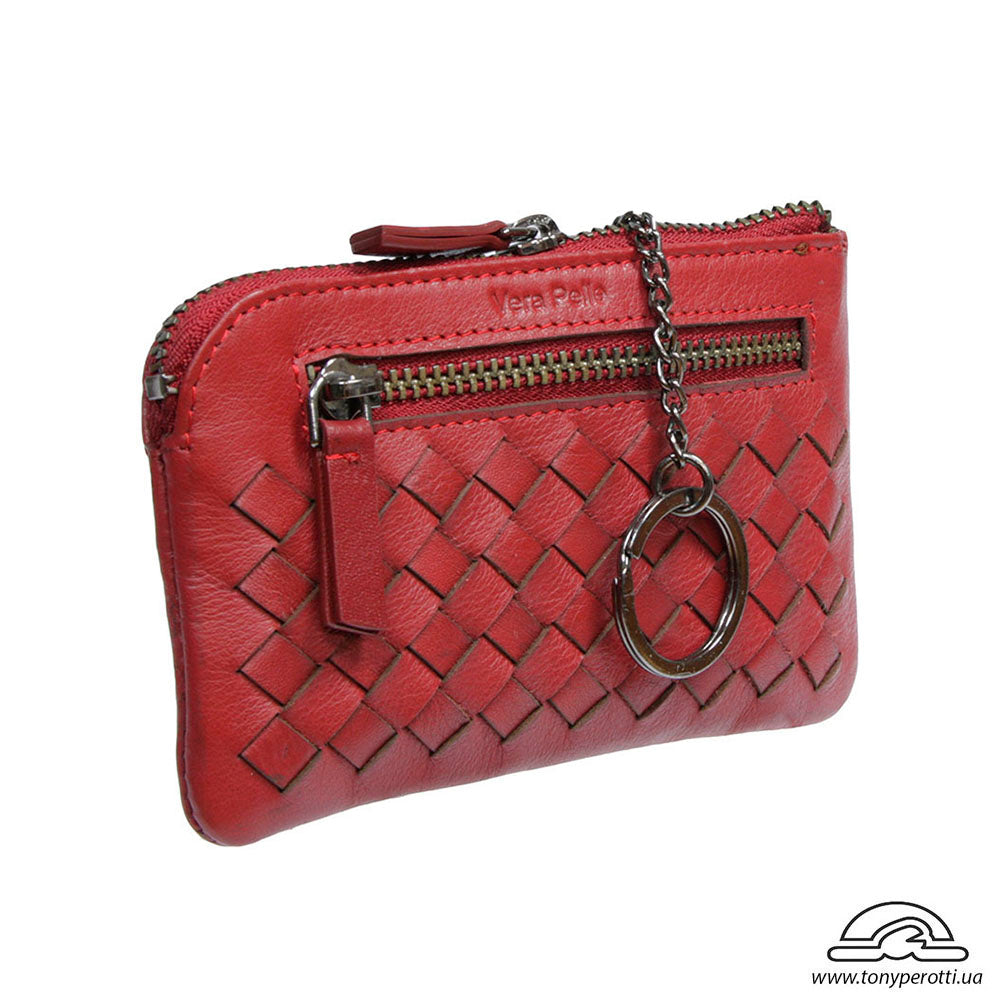 Tony Perotti Timone intrecciato 12002 rosso key case with key ring on a chain and back zip pocket