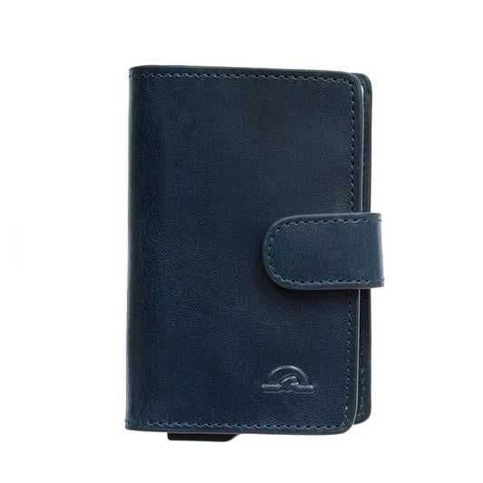 Tony Perotti Nevada 3776 navy — the navy leather business card holder closed, with the strap and the embossed Tony Perotti mark