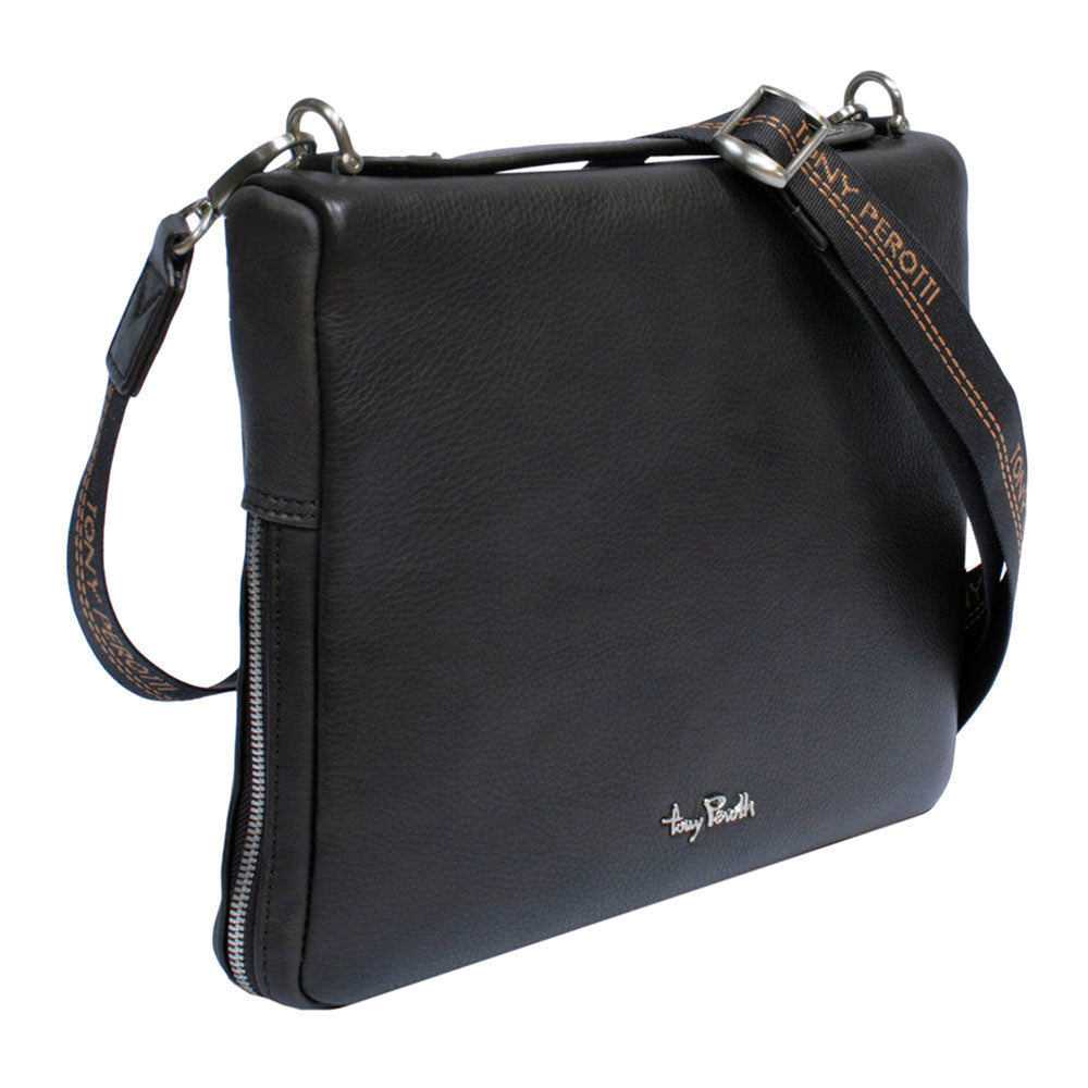 Contatto 9594-28 moro at an angle with the jacquard strap woven in tan lettering and the pull-out leather handle