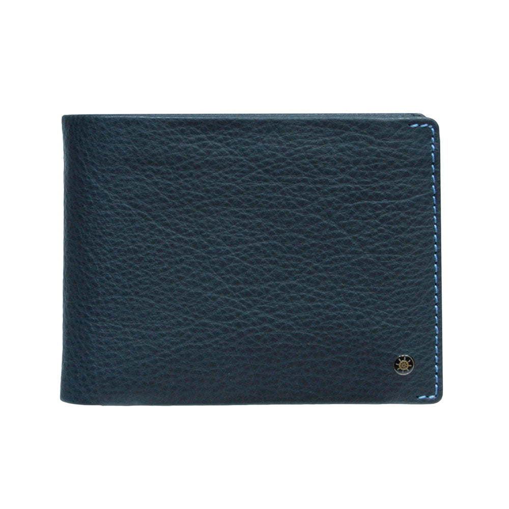 Tony Perotti Timone 11012 navy leather bifold wallet, front with ship's wheel plate