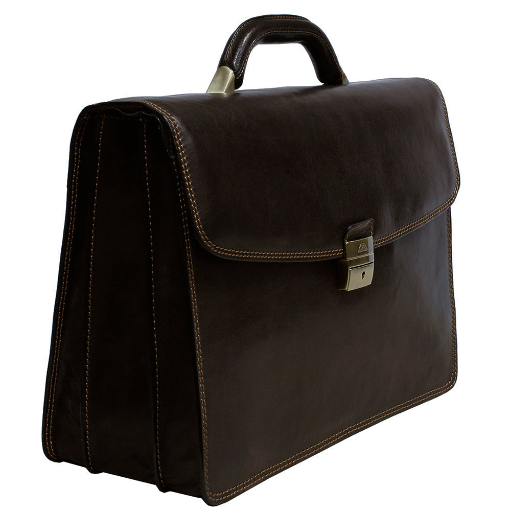 Angled view of the Tony Perotti Italico 8009 moro dark brown leather briefcase — hard frame with three compartments visible at the gusset and contrasting tan stitching