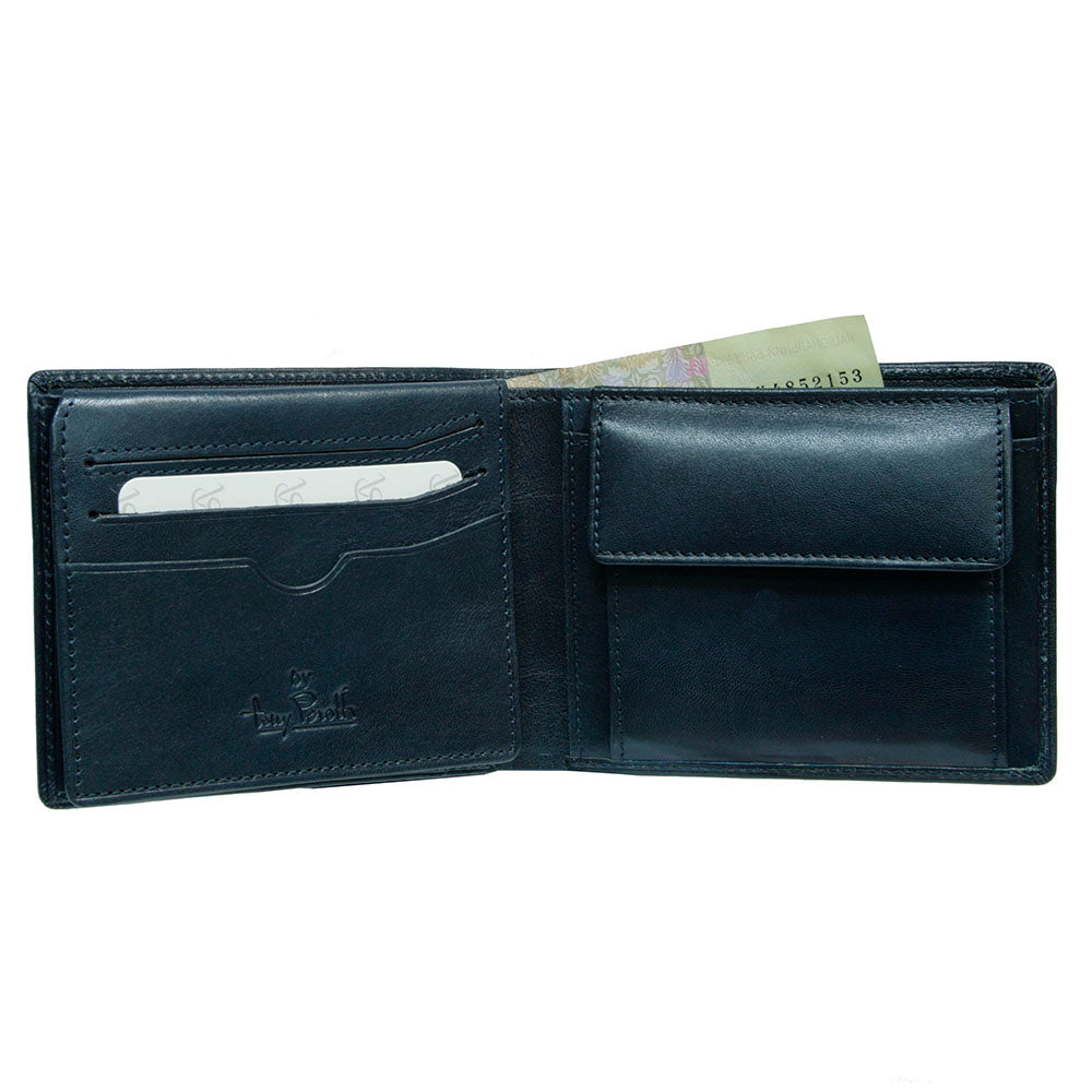Tony Perotti Viasorte 533 navy wallet open with ID window and coin pocket