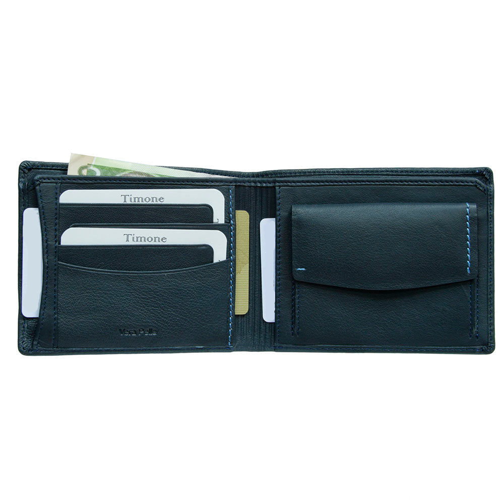 Open Tony Perotti Timone 11013G navy wallet with cards in slots, a banknote and the flap coin pocket