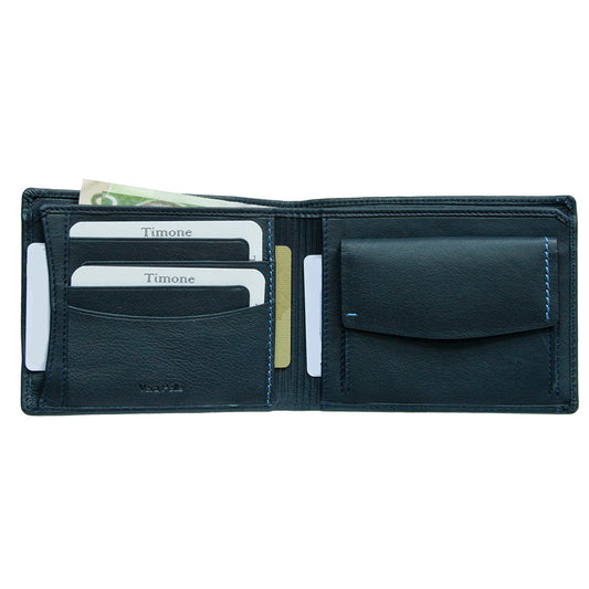 Open Tony Perotti Timone 11013G navy wallet with cards in slots, a banknote and the flap coin pocket