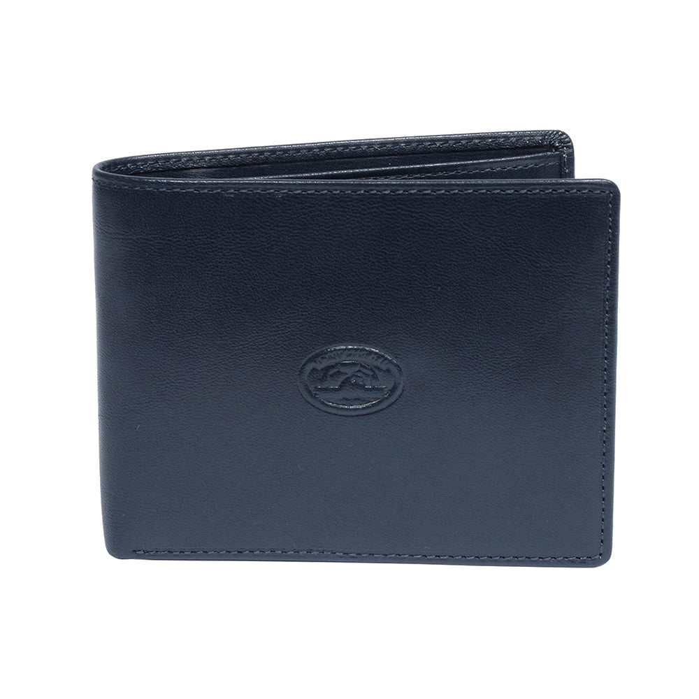 Tony Perotti Italico 3620 navy blue leather bifold wallet, front with the oval embossed turtle emblem