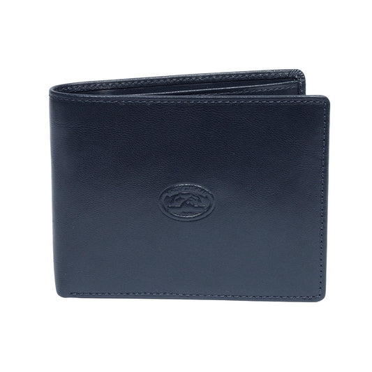 Tony Perotti Italico 3620 navy blue leather bifold wallet, front with the oval embossed turtle emblem