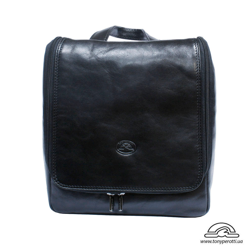 Tony Perotti Italico 8220 nero toiletry bag — front view with embossed turtle emblem on the flap