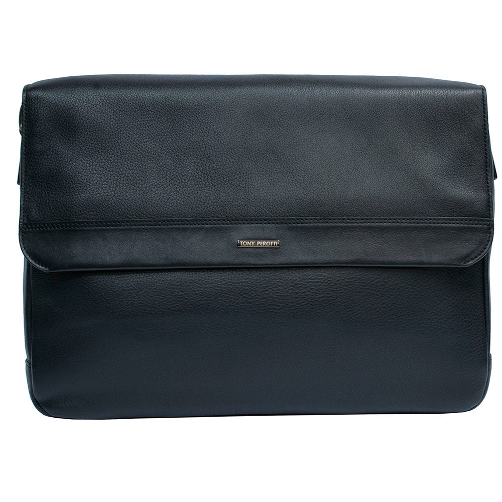 Tony Perotti New Contatto 6036 nero black leather messenger bag, front view with the Tony Perotti plate on the flap