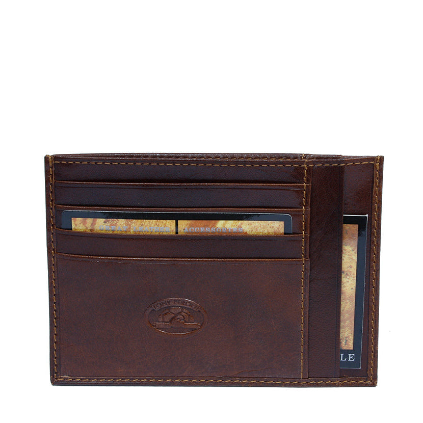 Cognac Italico 2171 card holder — card slots with the Tony Perotti oval emblem and a branded card inserted
