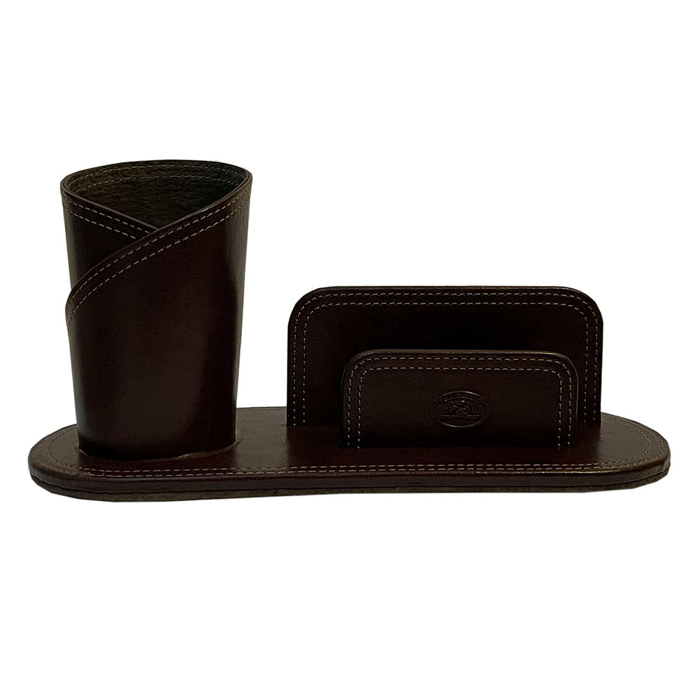 Tony Perotti Scrittoio 4023 moro — front view of the rolled, stitched leather pen cup and the two upright note panels