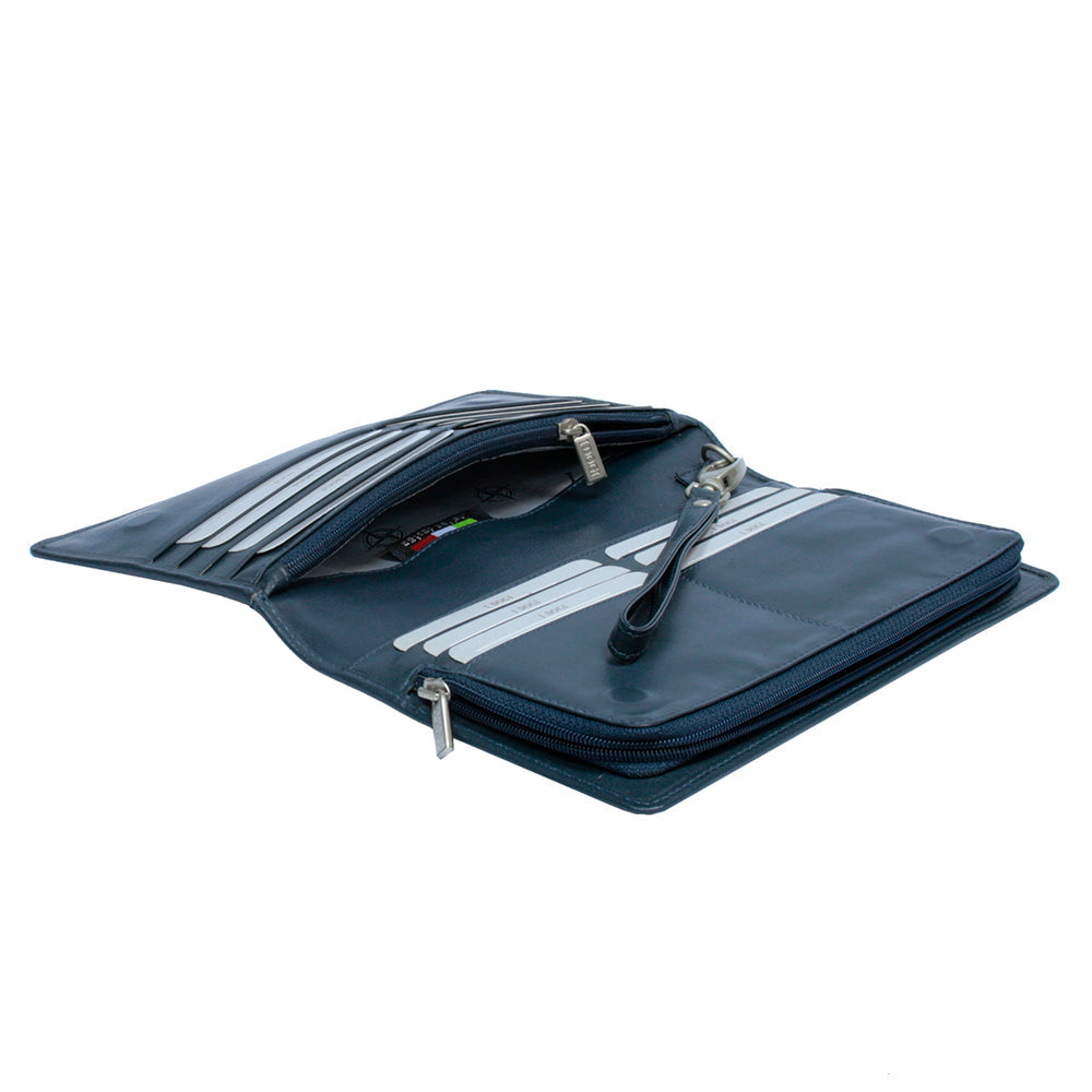 Tony Perotti Cortina 5067 navy dark blue leather clutch wallet open — rows of card slots, the inner zip compartment and the wrist strap lying across the interior