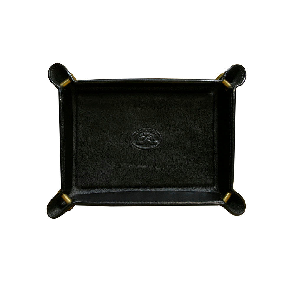 Tony Perotti Scrittoio 1365S nero — the black leather valet tray from above, brass-tone corner studs and the embossed turtle in the base