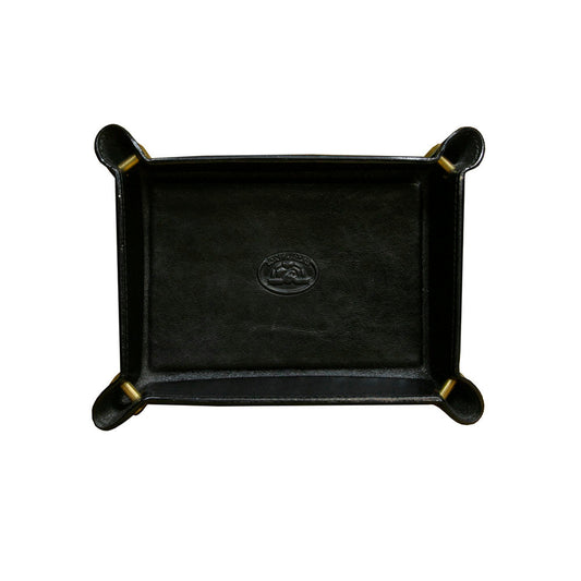 Tony Perotti Scrittoio 1365S nero — the black leather valet tray from above, brass-tone corner studs and the embossed turtle in the base