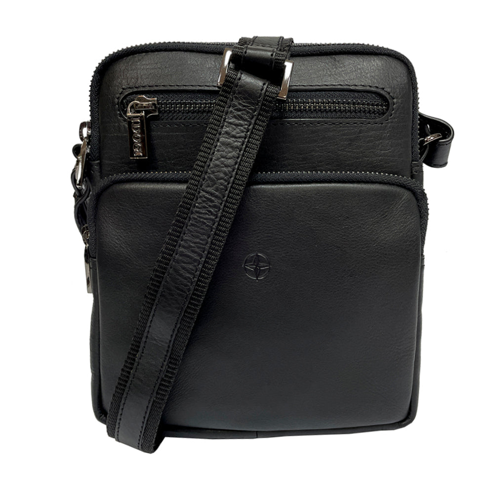 Tony Perotti Cortina 6048 nero black leather crossbody bag, front view with the embossed compass rose on the front pocket