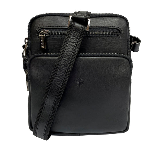Tony Perotti Cortina 6048 nero black leather crossbody bag, front view with the embossed compass rose on the front pocket