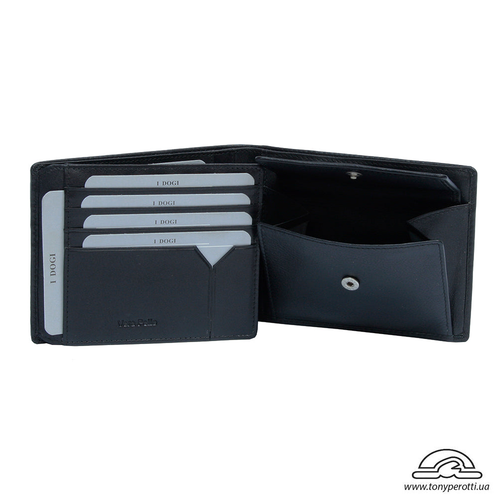 Tony Perotti Cortina 5036 nero opened — four card slots and a slip pocket on the left, the snap coin pocket open on the right