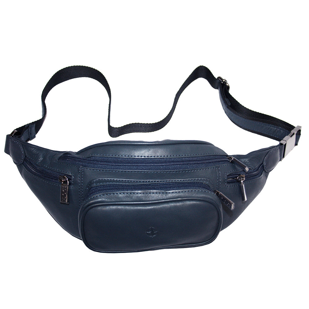 Cortina 6000 navy with the webbing belt laid out: main zip, second long zip and the two end pockets