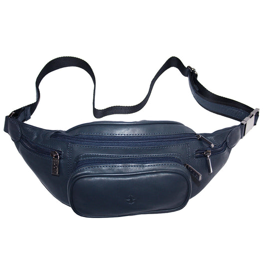 Cortina 6000 navy with the webbing belt laid out: main zip, second long zip and the two end pockets