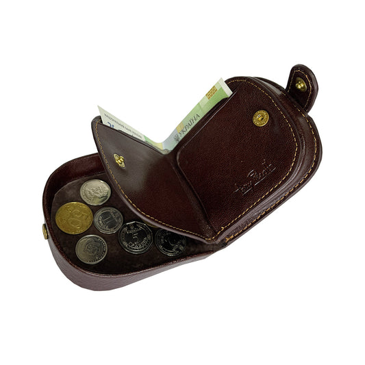 Tony Perotti Italico 2086 moro coin purse opened with coins in the tray and a folded banknote between the leaves