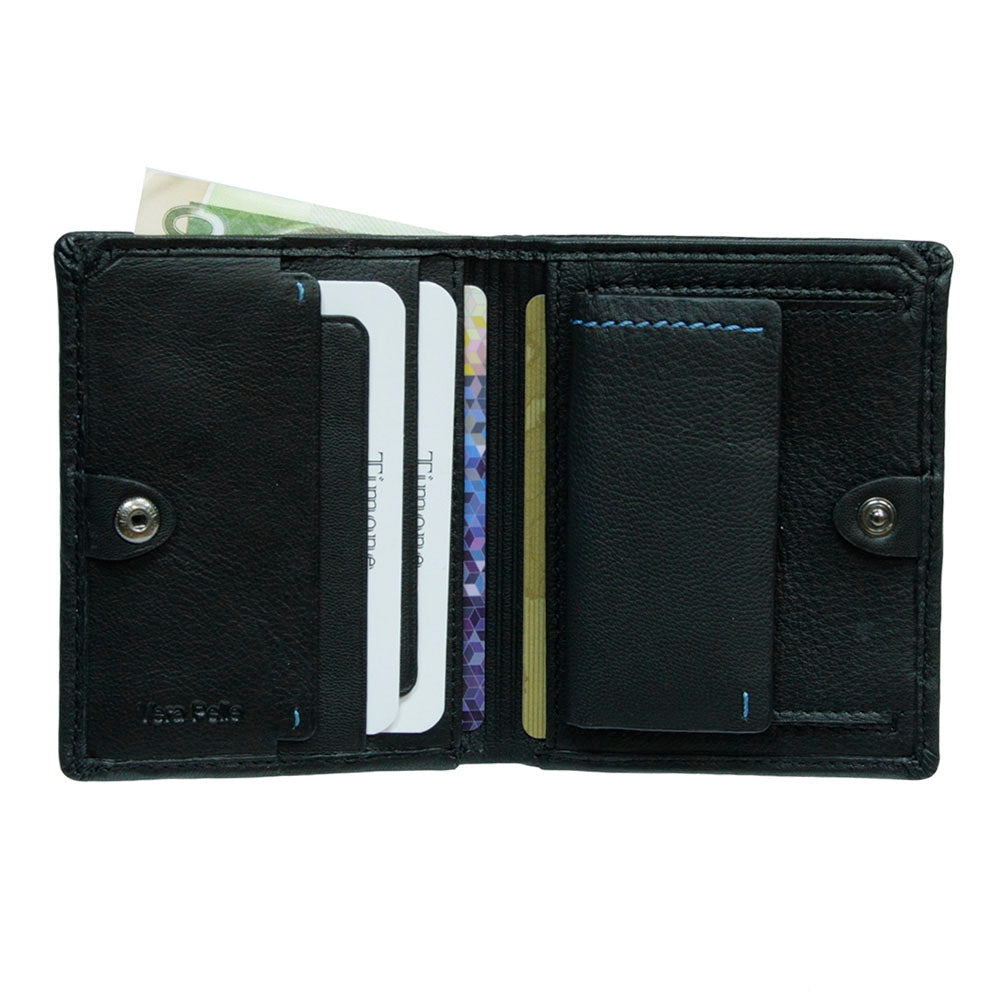Open Tony Perotti Timone 11071 black wallet with cards in slots and a banknote