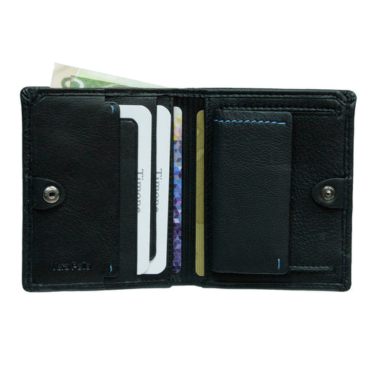 Open Tony Perotti Timone 11071 black wallet with cards in slots and a banknote