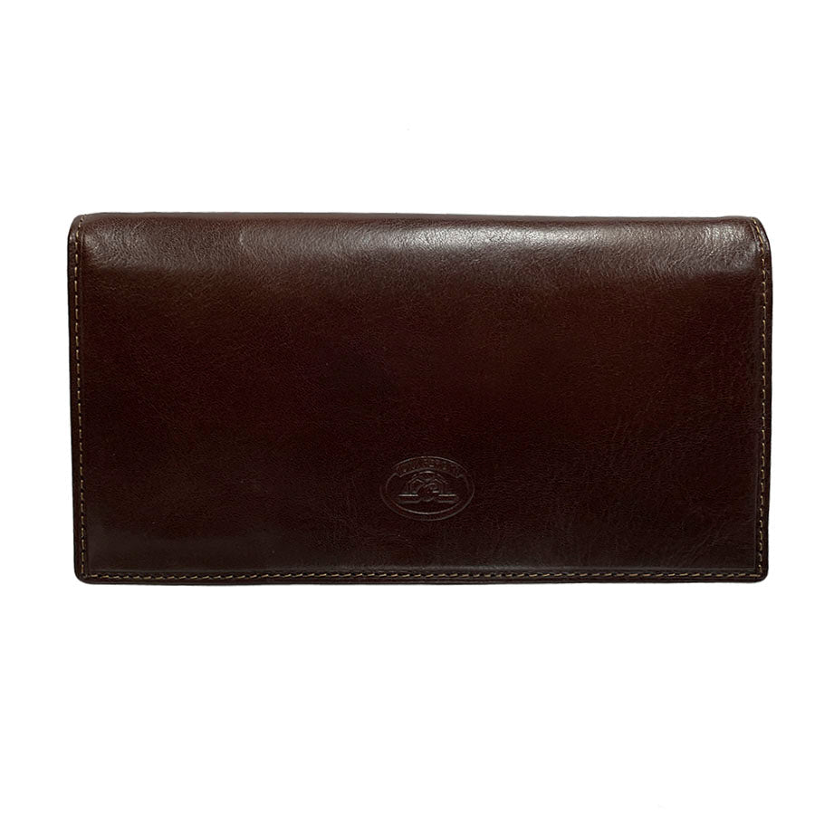 Tony Perotti Italico 2770+RFID moro women's dark brown leather flap wallet, closed — embossed oval Tony Perotti emblem and contrasting light stitching