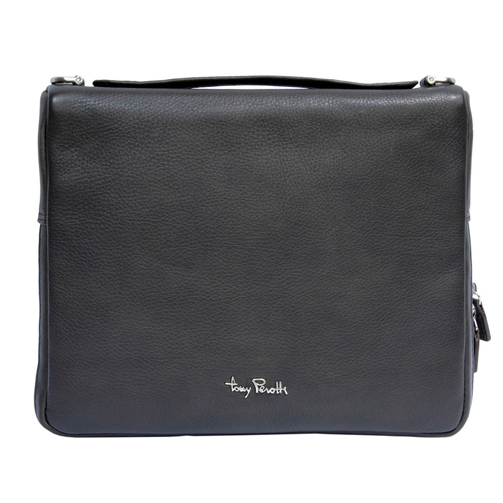 Tony Perotti Contatto 9594-28 moro dark brown leather tablet bag, front view with the metal Tony Perotti signature