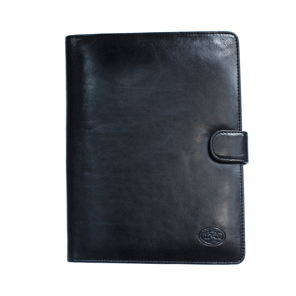 Front of the black Italico 2590 — smooth glossy leather, tab on a press stud and the embossed turtle emblem