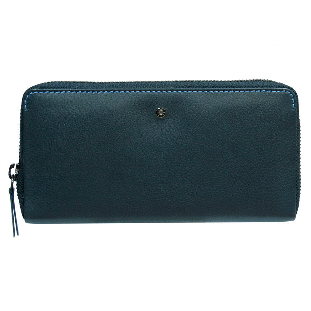 Tony Perotti Timone 11059 navy zip-around wallet, front with ship's wheel plate and blue stitching