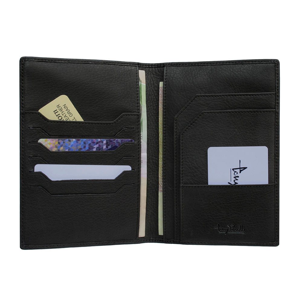 Tony Perotti Contatto 3051 nero opened with cards and banknotes in the two bill compartments at the spine