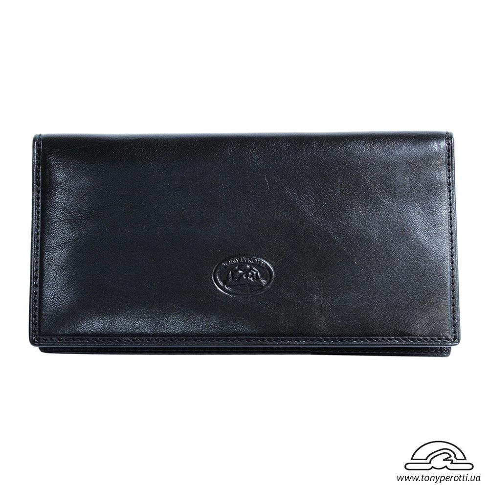 Black Tony Perotti Italico 1696 nero coat wallet lying closed, front with the embossed turtle emblem