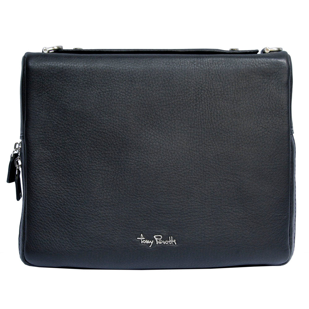 Tony Perotti Contatto 9594-28 nero black leather tablet bag, front view with the metal Tony Perotti signature