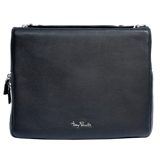 Tony Perotti Contatto 9594-28 nero black leather tablet bag, front view with the metal Tony Perotti signature
