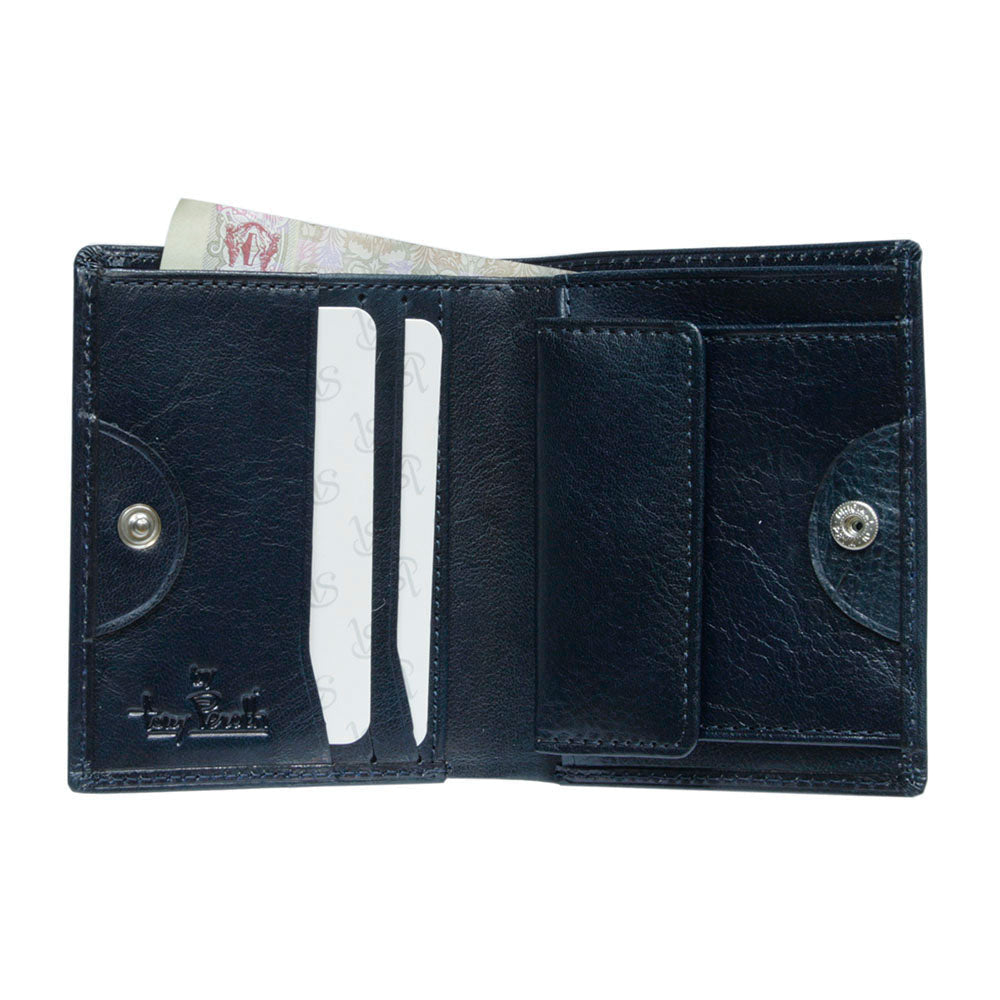Open Tony Perotti Viasorte 1165 navy wallet with cards in slots and a banknote in the bill compartment