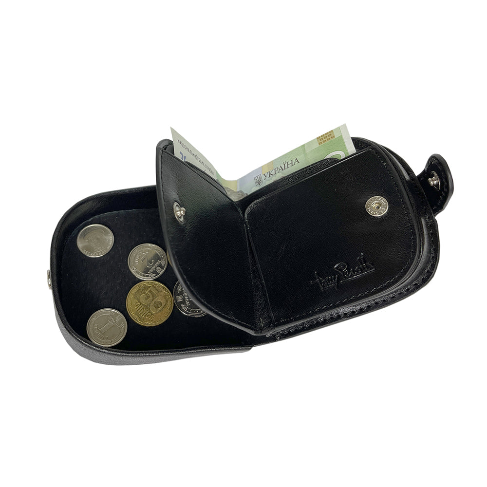 Tony Perotti Italico 2086 nero coin purse opened with coins in the tray and a folded banknote between the leaves